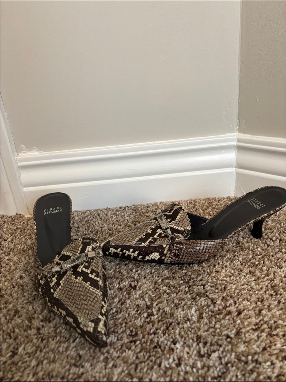 Stuart Weitzman Brown Snake-Print Pointed Toe Kitten Heel Mules